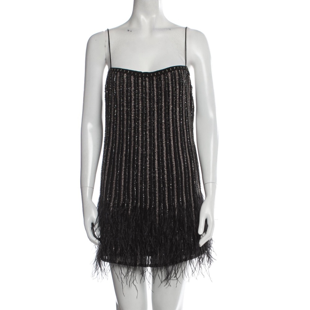Retrofete Rubina Sequin Feather Mini Dress Black Square Neck - Picture 4 of 6